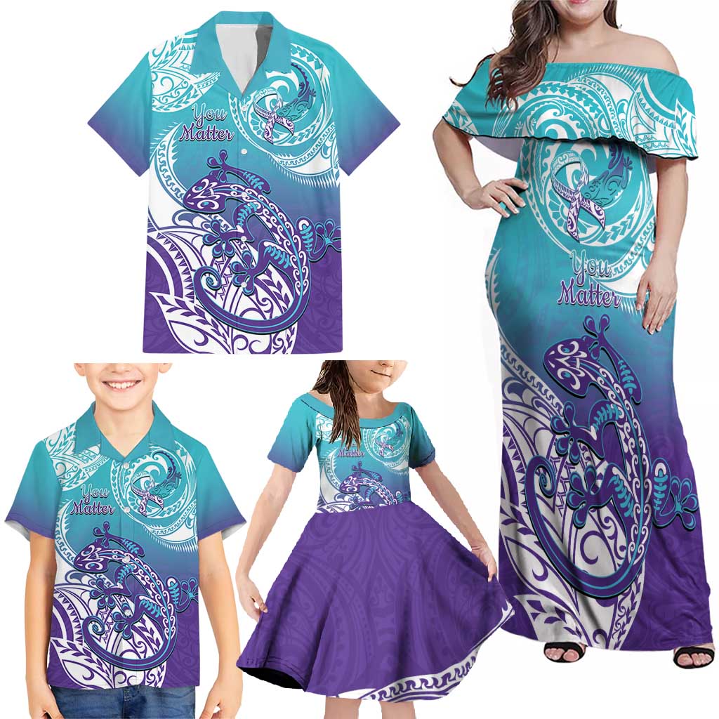 Personalised New Zealand Suicide Prevention Month Family Matching Off Shoulder Maxi Dress and Hawaiian Shirt You Matter NZ Fern With Maori Koru Lizard LT14 - Polynesian Pride