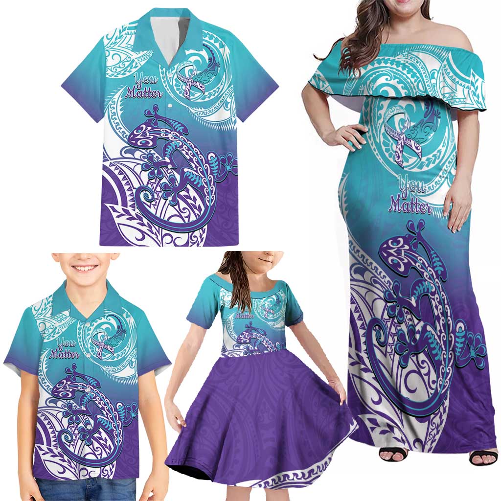 Personalised New Zealand Suicide Prevention Month Family Matching Off Shoulder Maxi Dress and Hawaiian Shirt You Matter NZ Fern With Maori Koru Lizard