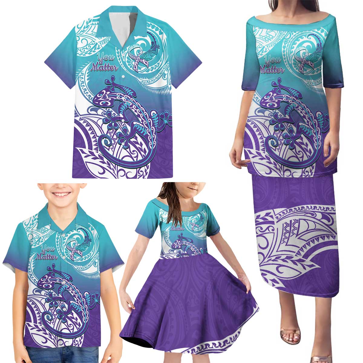 Personalised New Zealand Suicide Prevention Month Family Matching Puletasi and Hawaiian Shirt You Matter NZ Fern With Maori Koru Lizard LT14 - Polynesian Pride