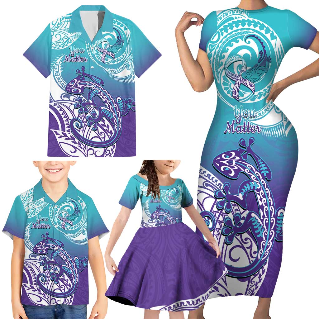 Personalised New Zealand Suicide Prevention Month Family Matching Short Sleeve Bodycon Dress and Hawaiian Shirt You Matter NZ Fern With Maori Koru Lizard LT14 - Polynesian Pride