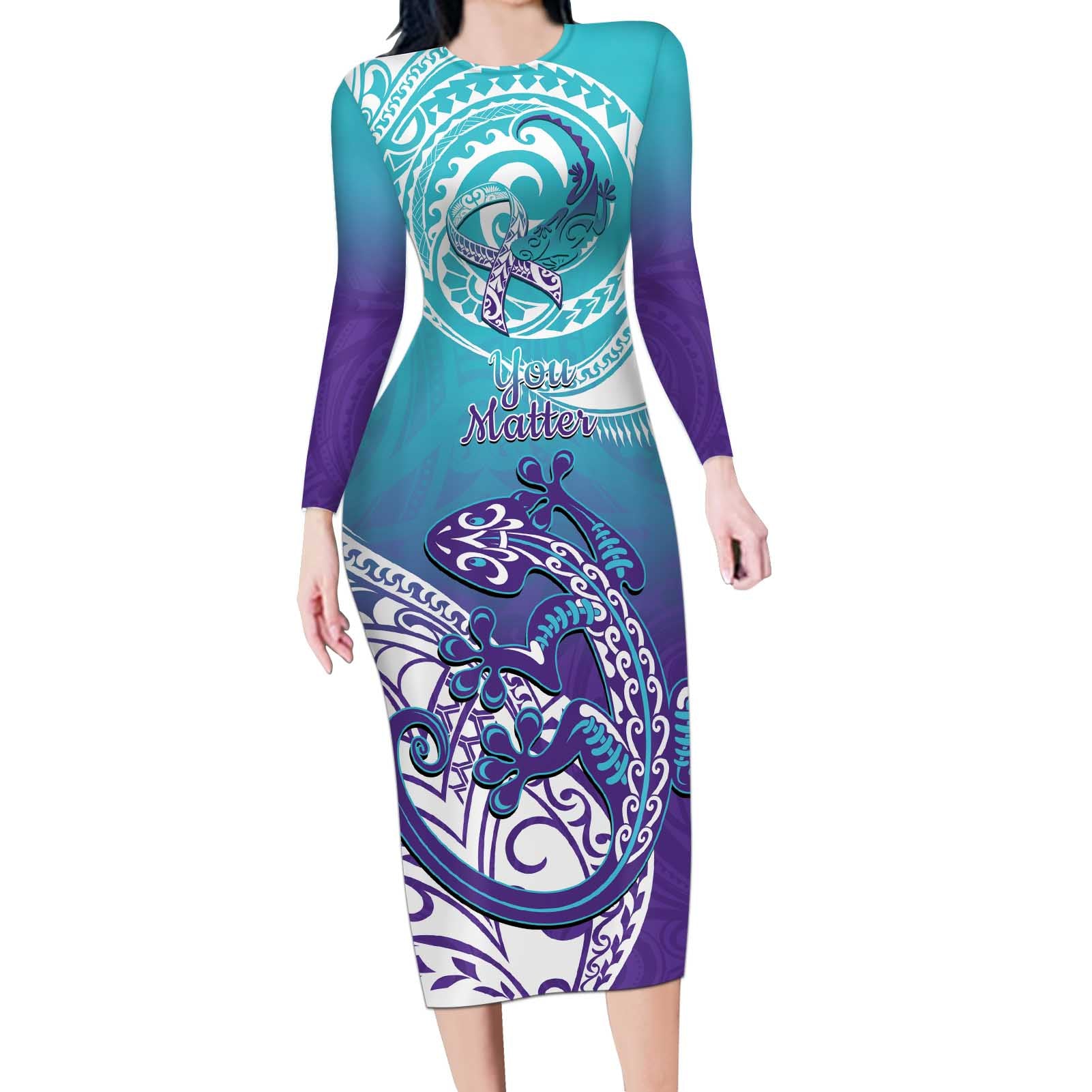 Personalised New Zealand Suicide Prevention Month Long Sleeve Bodycon Dress You Matter NZ Fern With Maori Koru Lizard