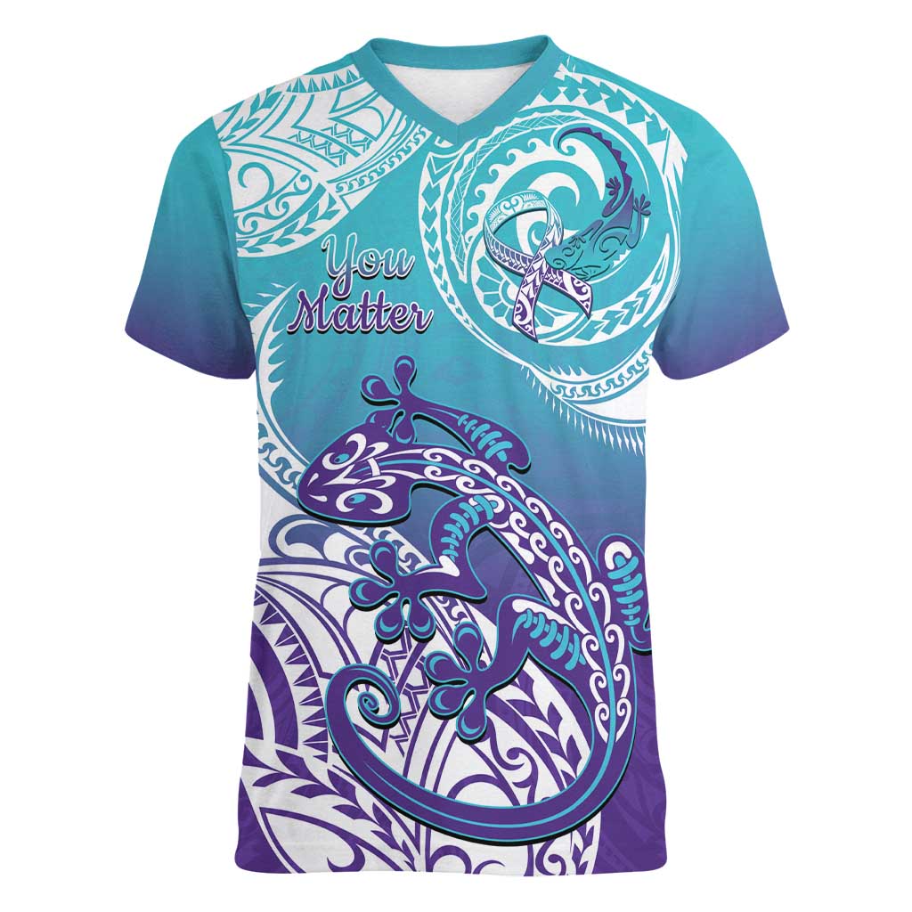 Personalised New Zealand Suicide Prevention Month Women V-Neck T-Shirt You Matter NZ Fern With Maori Koru Lizard