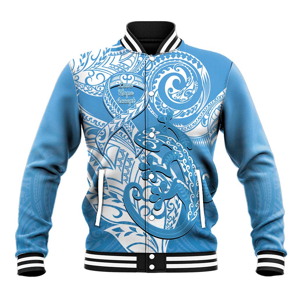 Personalised New Zealand Autism Awareness Baseball Jacket NZ Fern With Maori Koru Lizard LT14 Unisex Blue - Polynesian Pride