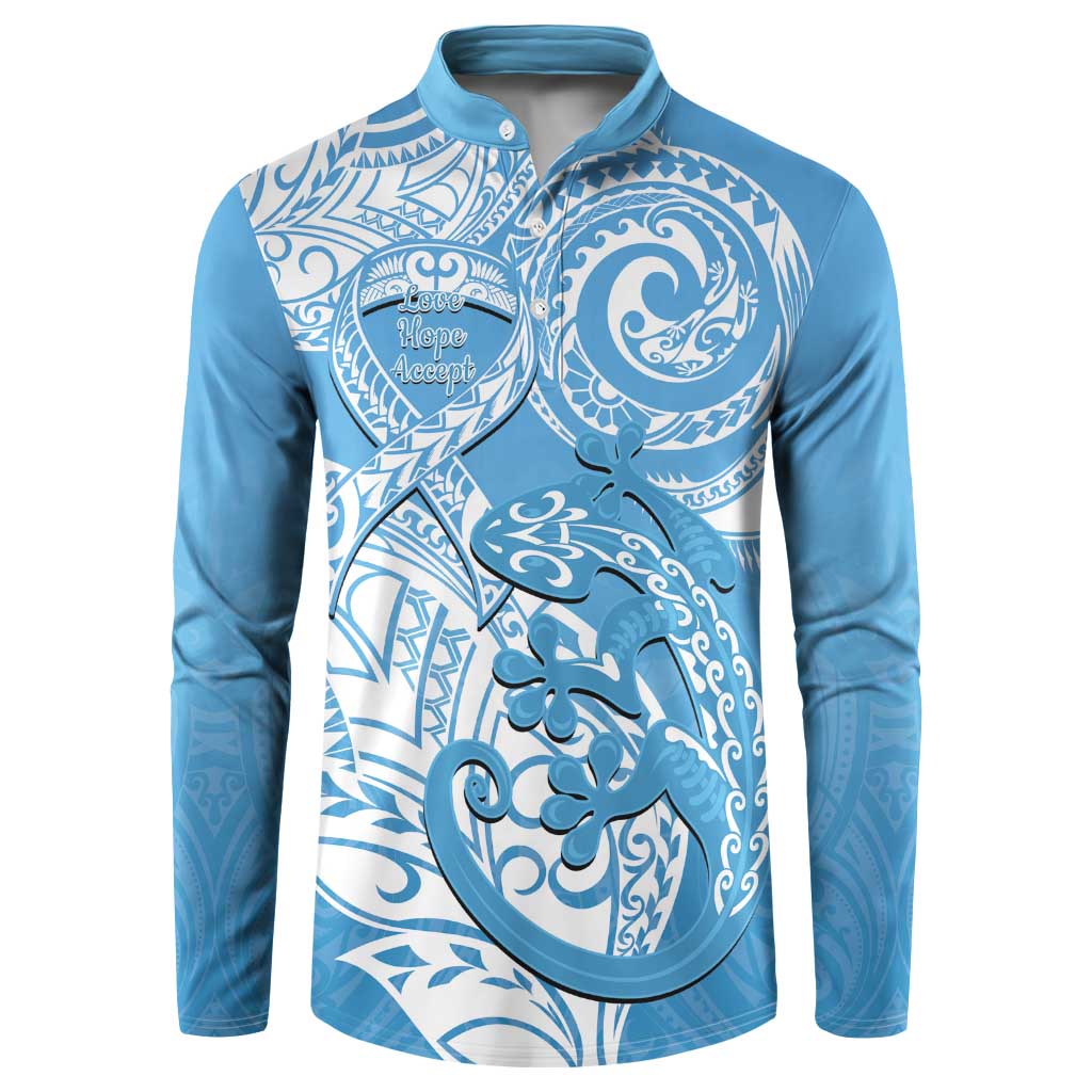 Personalised New Zealand Autism Awareness Button Sweatshirt NZ Fern With Maori Koru Lizard LT14 Blue - Polynesian Pride