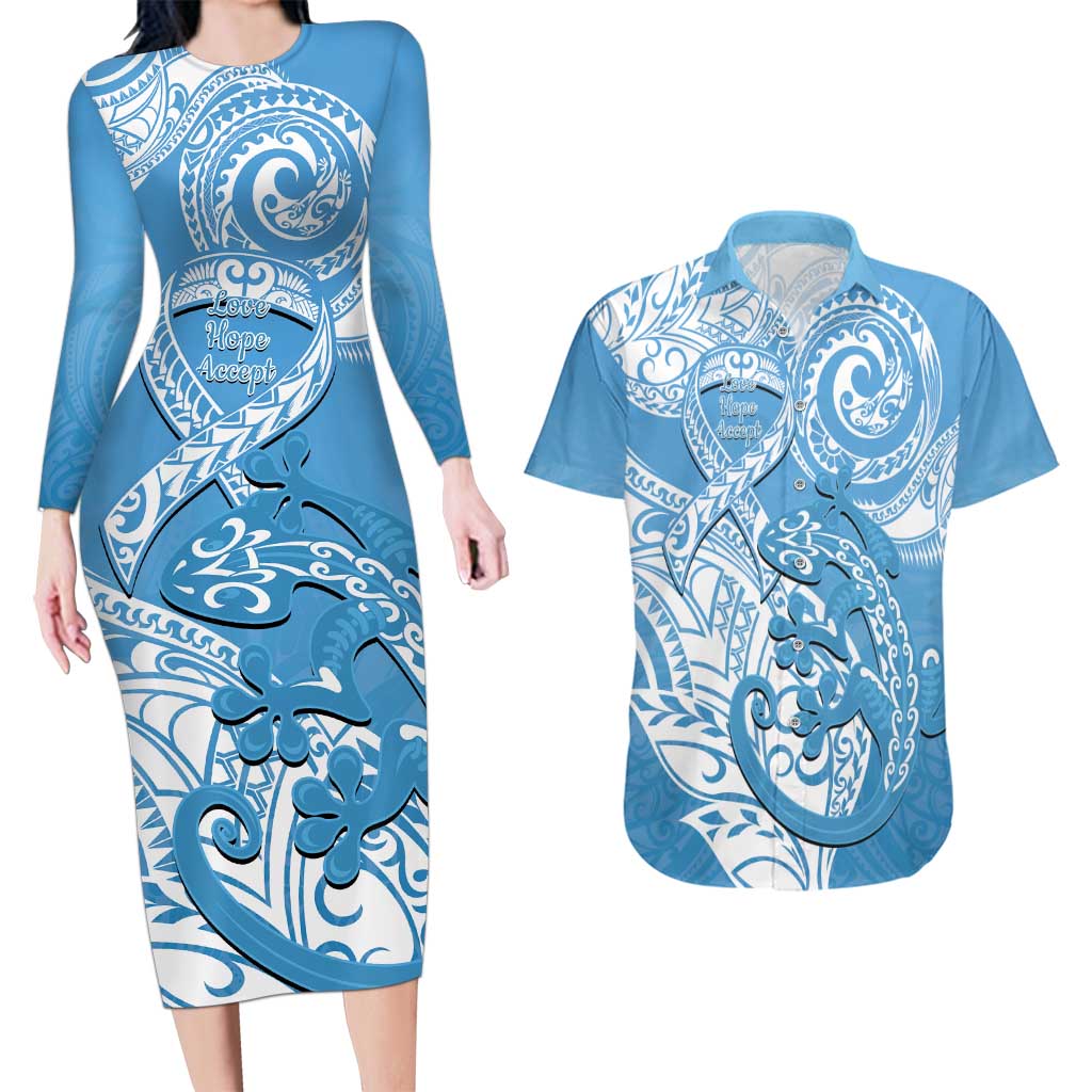 Personalised New Zealand Autism Awareness Couples Matching Long Sleeve Bodycon Dress and Hawaiian Shirt NZ Fern With Maori Koru Lizard LT14 Blue - Polynesian Pride