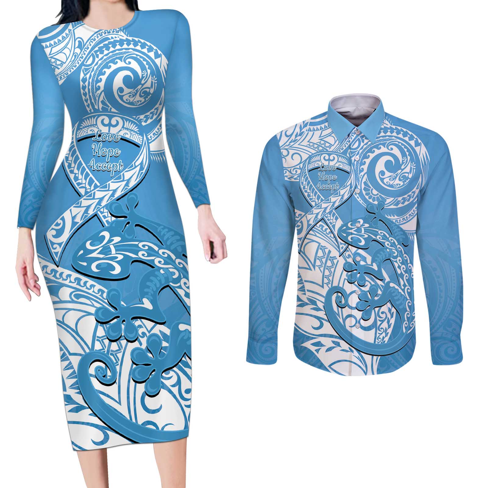 Personalised New Zealand Autism Awareness Couples Matching Long Sleeve Bodycon Dress and Long Sleeve Button Shirt NZ Fern With Maori Koru Lizard