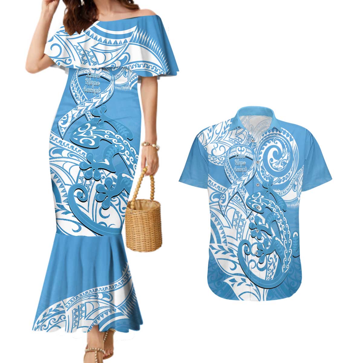 Personalised New Zealand Autism Awareness Couples Matching Mermaid Dress and Hawaiian Shirt NZ Fern With Maori Koru Lizard