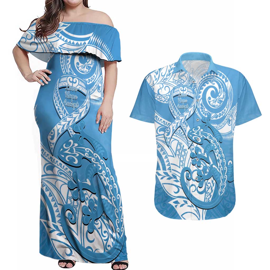 Personalised New Zealand Autism Awareness Couples Matching Off Shoulder Maxi Dress and Hawaiian Shirt NZ Fern With Maori Koru Lizard