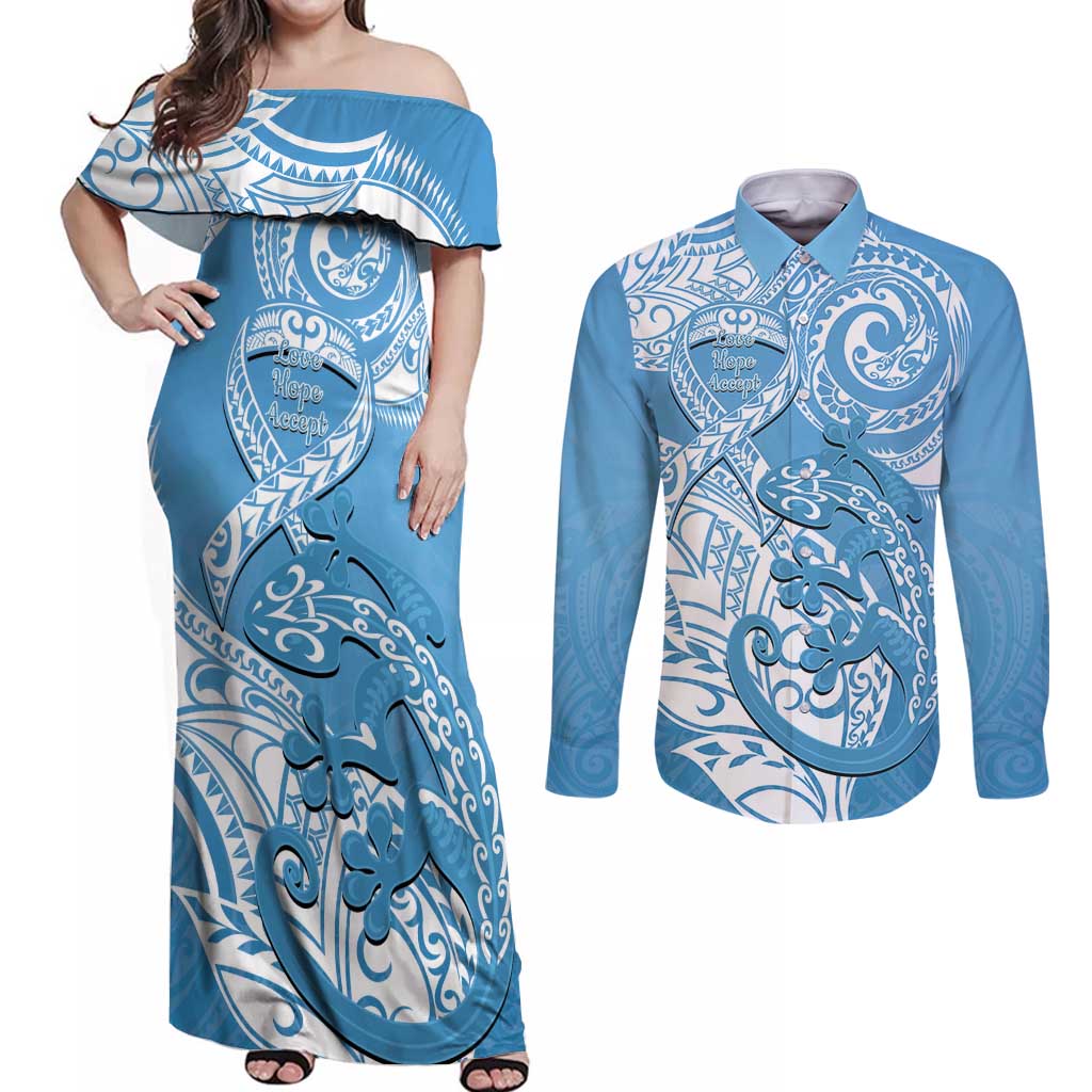 Personalised New Zealand Autism Awareness Couples Matching Off Shoulder Maxi Dress and Long Sleeve Button Shirt NZ Fern With Maori Koru Lizard LT14 Blue - Polynesian Pride