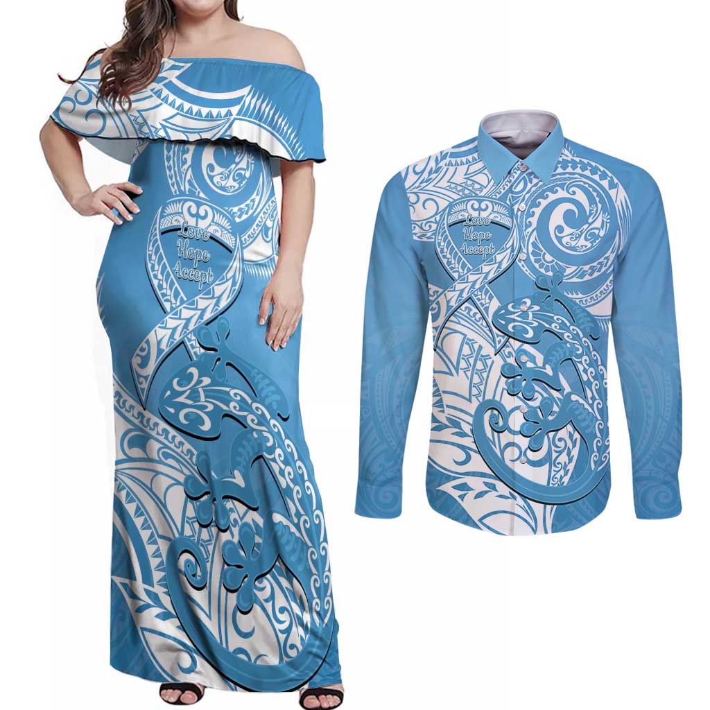 Personalised New Zealand Autism Awareness Couples Matching Off Shoulder Maxi Dress and Long Sleeve Button Shirt NZ Fern With Maori Koru Lizard