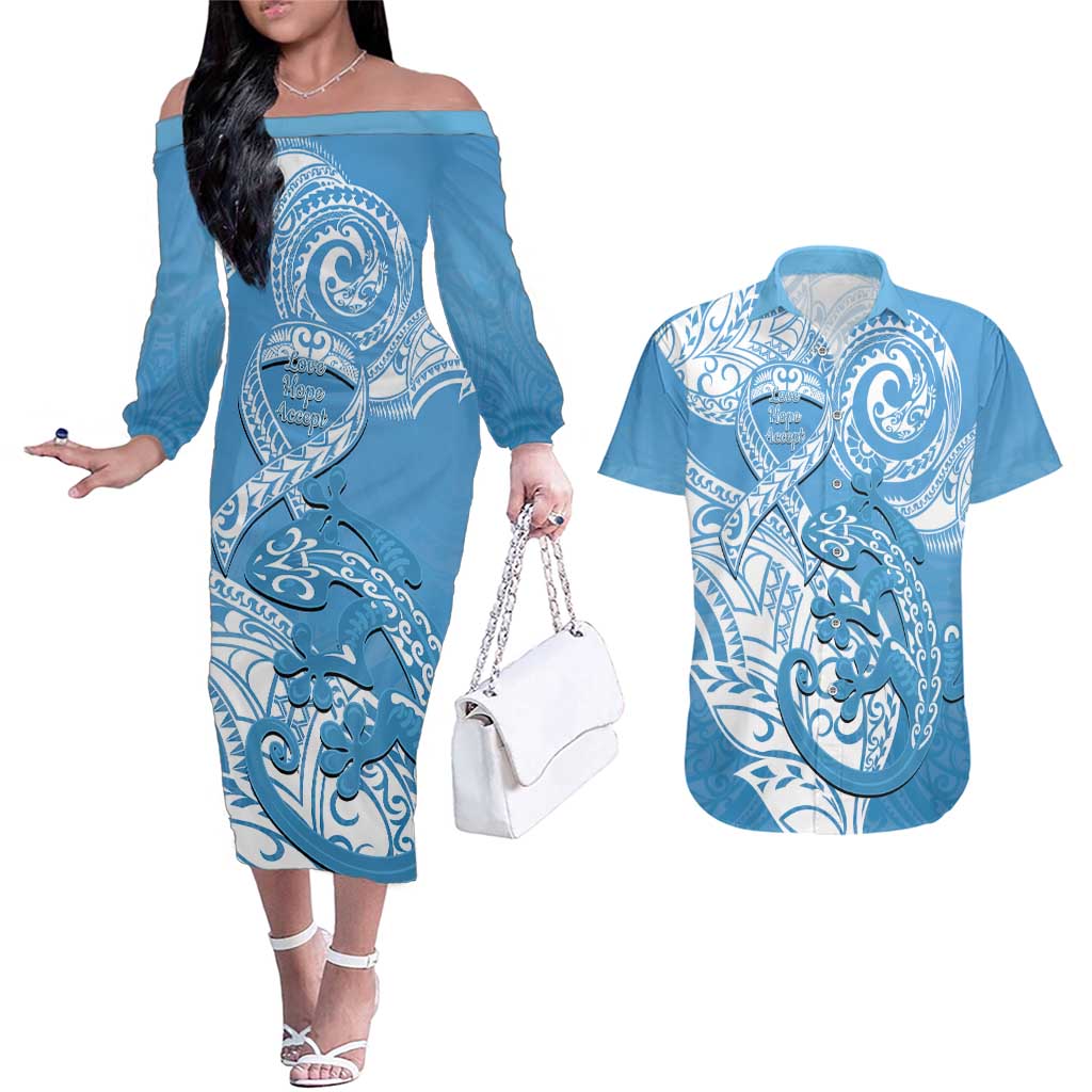 Personalised New Zealand Autism Awareness Couples Matching Off The Shoulder Long Sleeve Dress and Hawaiian Shirt NZ Fern With Maori Koru Lizard LT14 Blue - Polynesian Pride
