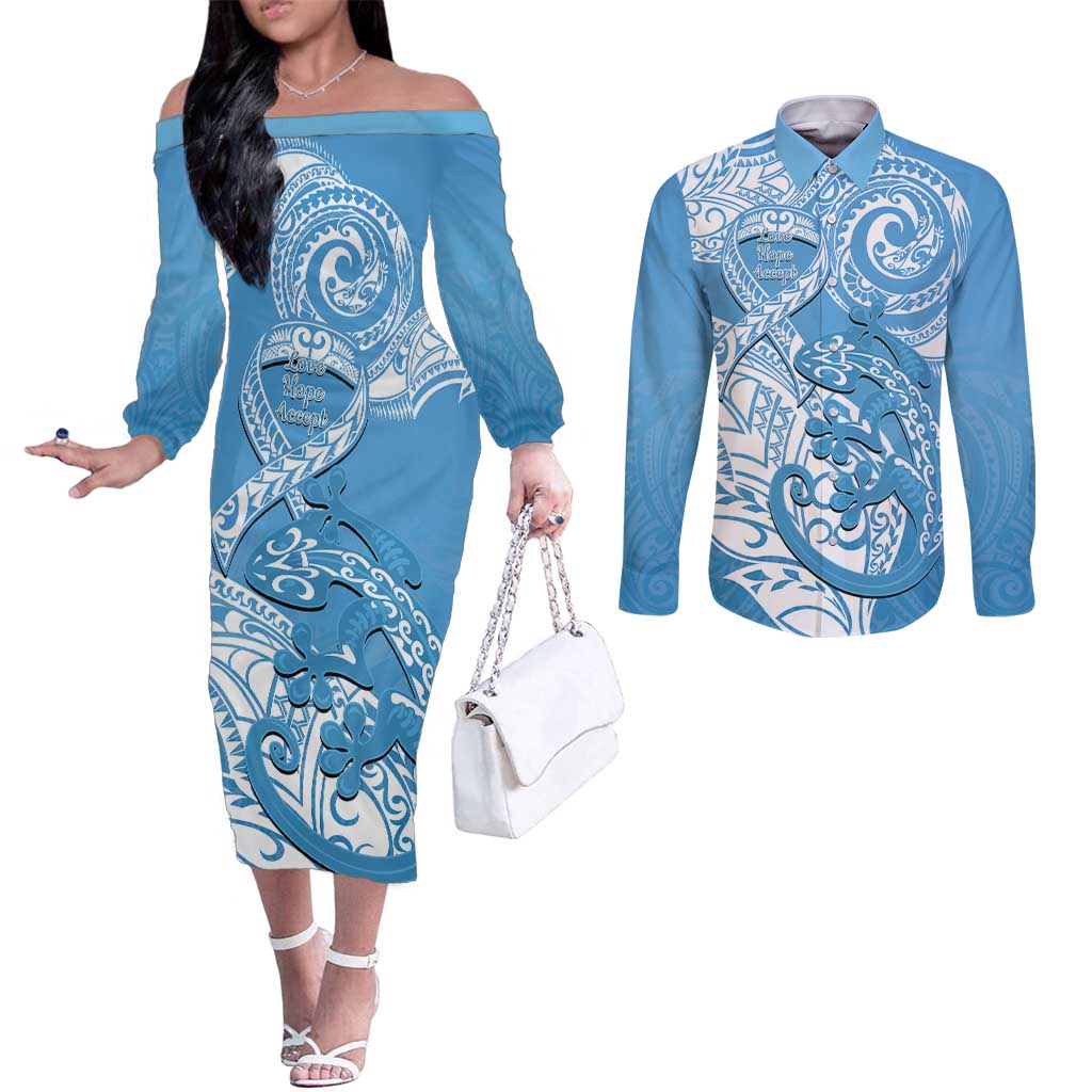 Personalised New Zealand Autism Awareness Couples Matching Off The Shoulder Long Sleeve Dress and Long Sleeve Button Shirt NZ Fern With Maori Koru Lizard