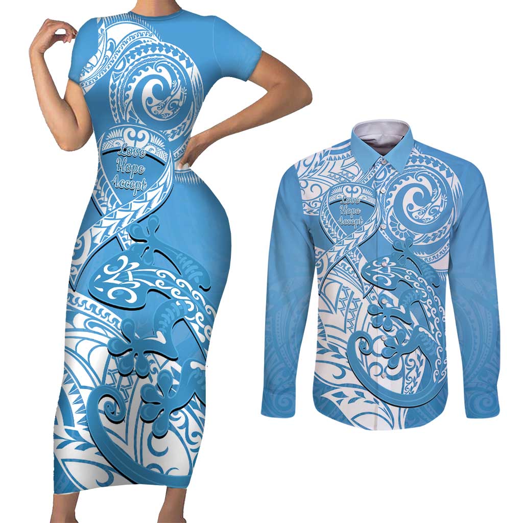 Personalised New Zealand Autism Awareness Couples Matching Short Sleeve Bodycon Dress and Long Sleeve Button Shirt NZ Fern With Maori Koru Lizard