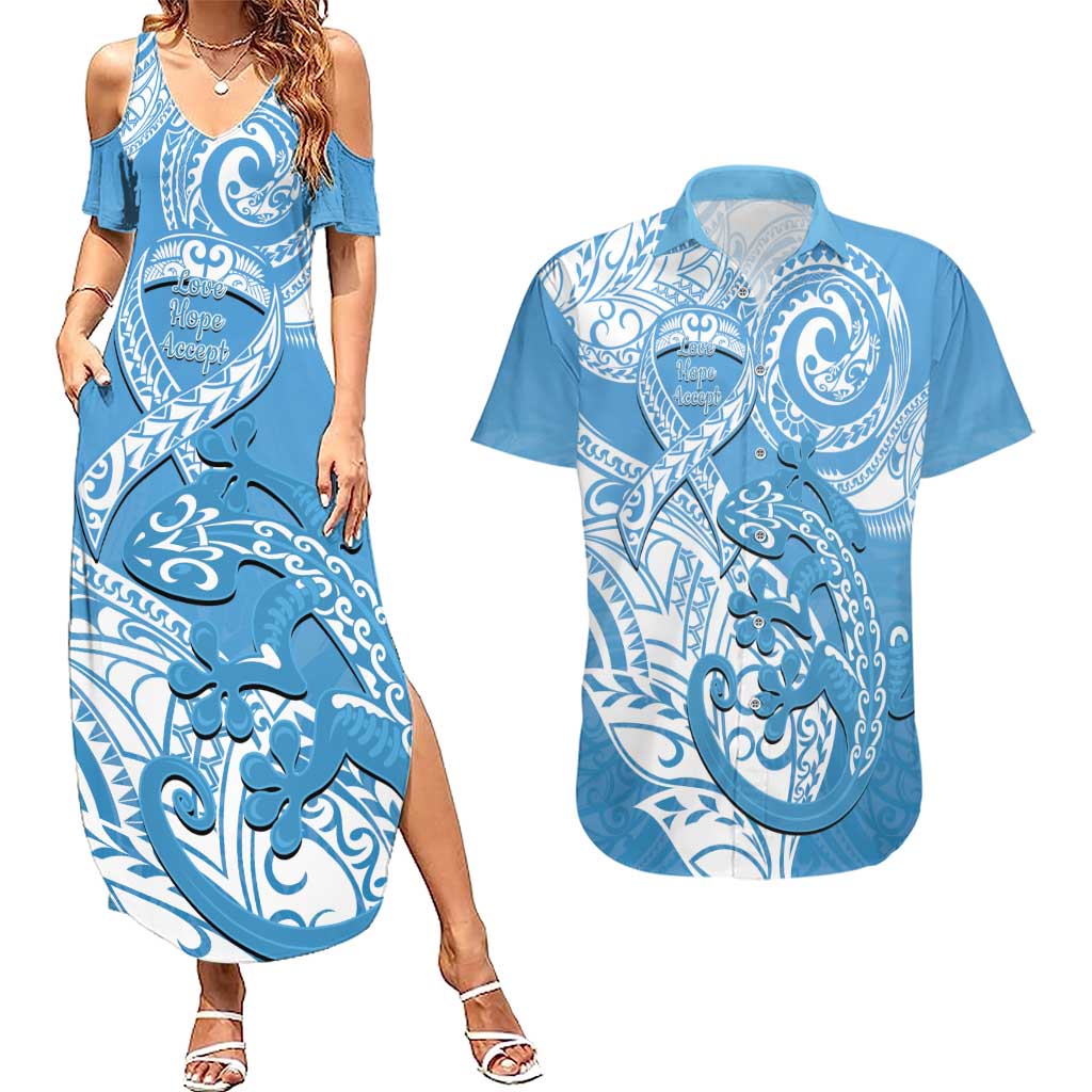 Personalised New Zealand Autism Awareness Couples Matching Summer Maxi Dress and Hawaiian Shirt NZ Fern With Maori Koru Lizard