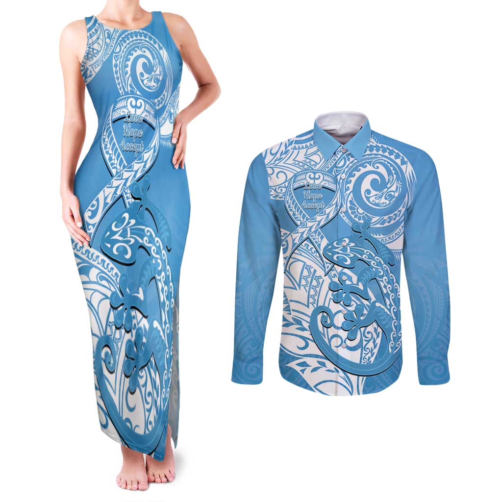 Personalised New Zealand Autism Awareness Couples Matching Tank Maxi Dress and Long Sleeve Button Shirt NZ Fern With Maori Koru Lizard LT14 Blue - Polynesian Pride