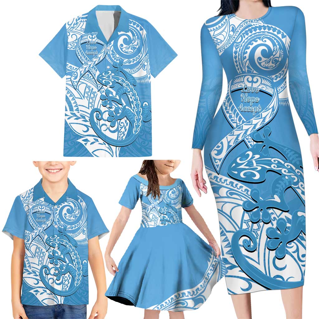 Personalised New Zealand Autism Awareness Family Matching Long Sleeve Bodycon Dress and Hawaiian Shirt NZ Fern With Maori Koru Lizard LT14 - Polynesian Pride