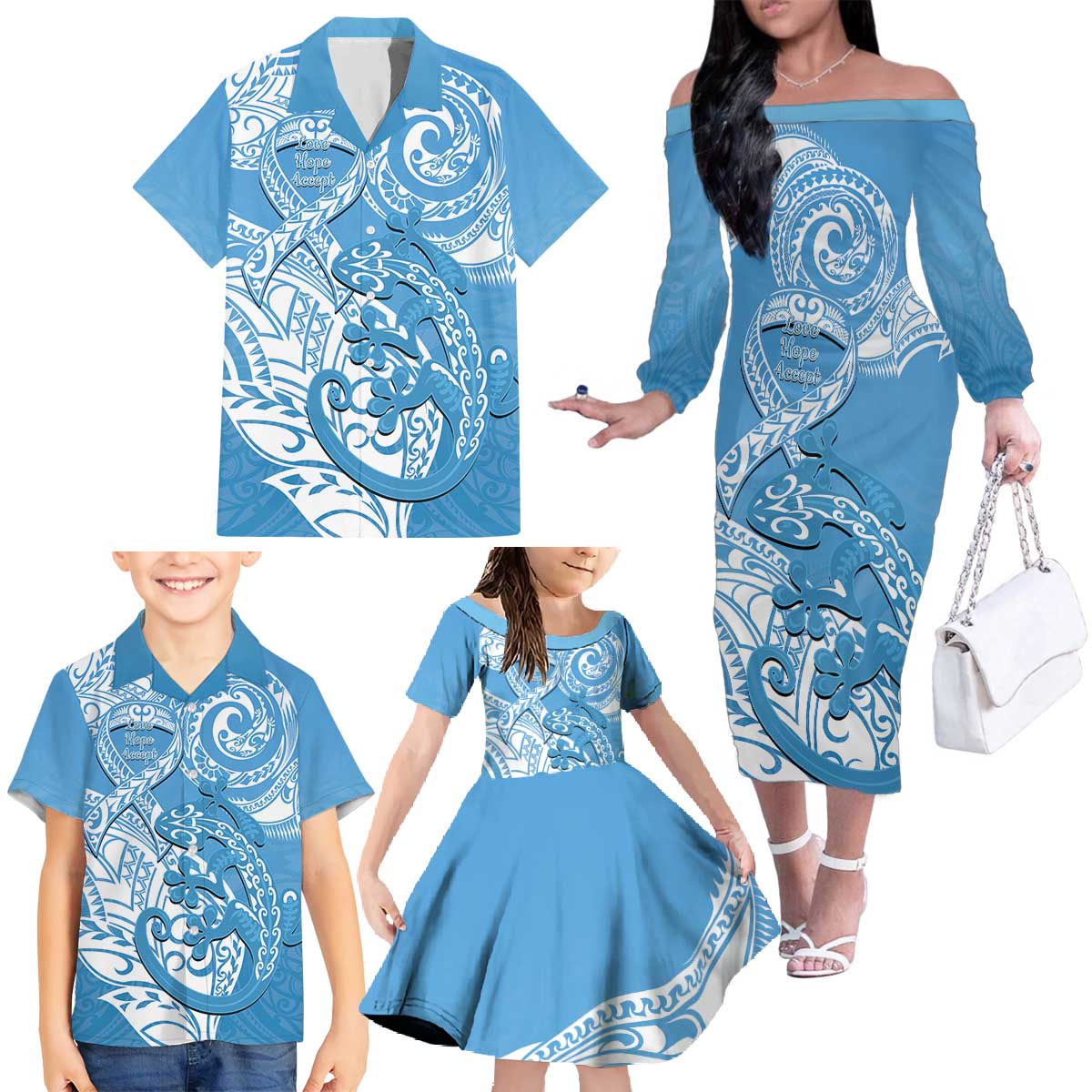 Personalised New Zealand Autism Awareness Family Matching Off The Shoulder Long Sleeve Dress and Hawaiian Shirt NZ Fern With Maori Koru Lizard