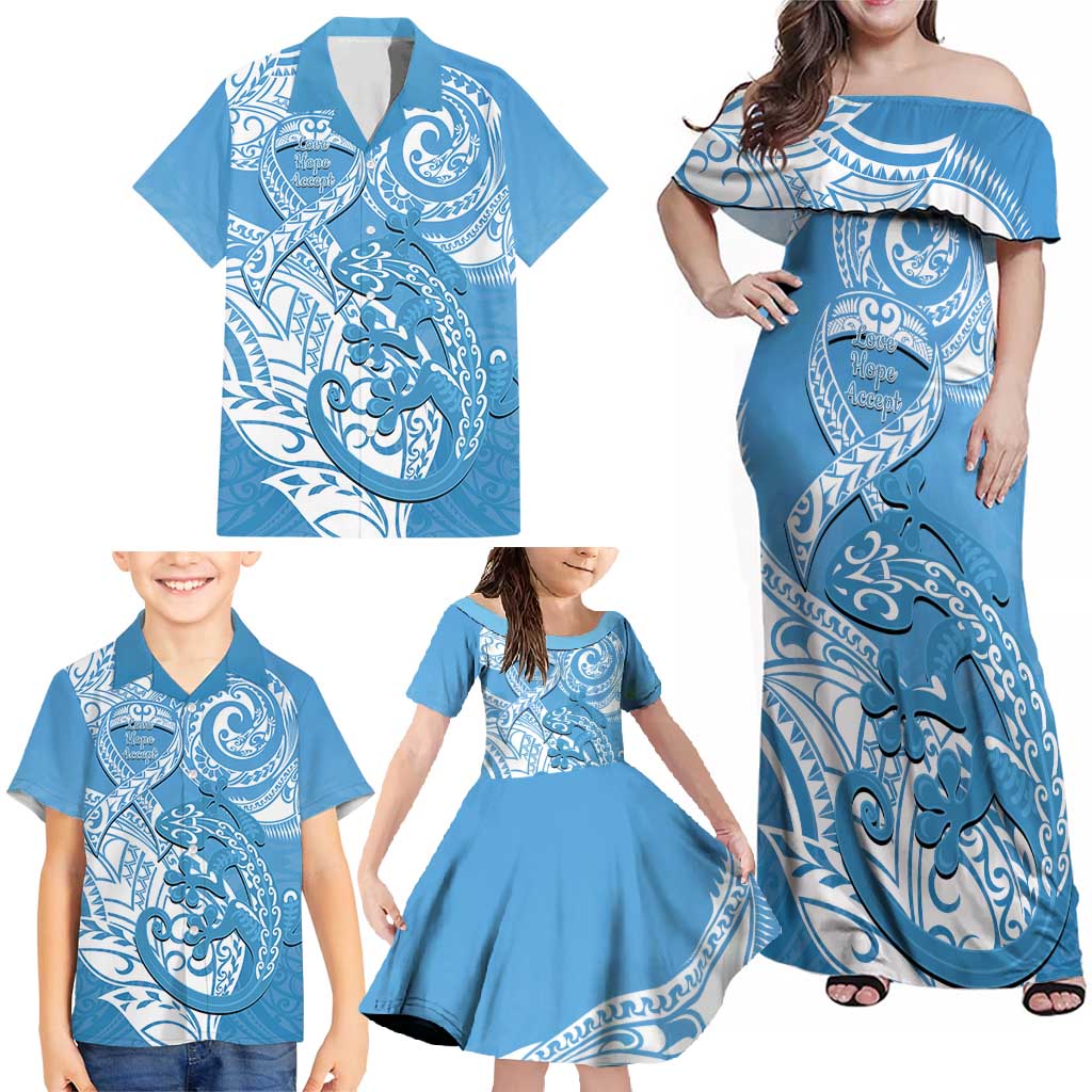 Personalised New Zealand Autism Awareness Family Matching Off Shoulder Maxi Dress and Hawaiian Shirt NZ Fern With Maori Koru Lizard