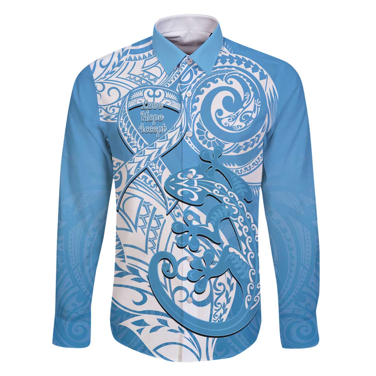 Personalised New Zealand Autism Awareness Family Matching Off Shoulder Short Dress and Hawaiian Shirt NZ Fern With Maori Koru Lizard LT14 Dad's Shirt - Long Sleeve Blue - Polynesian Pride