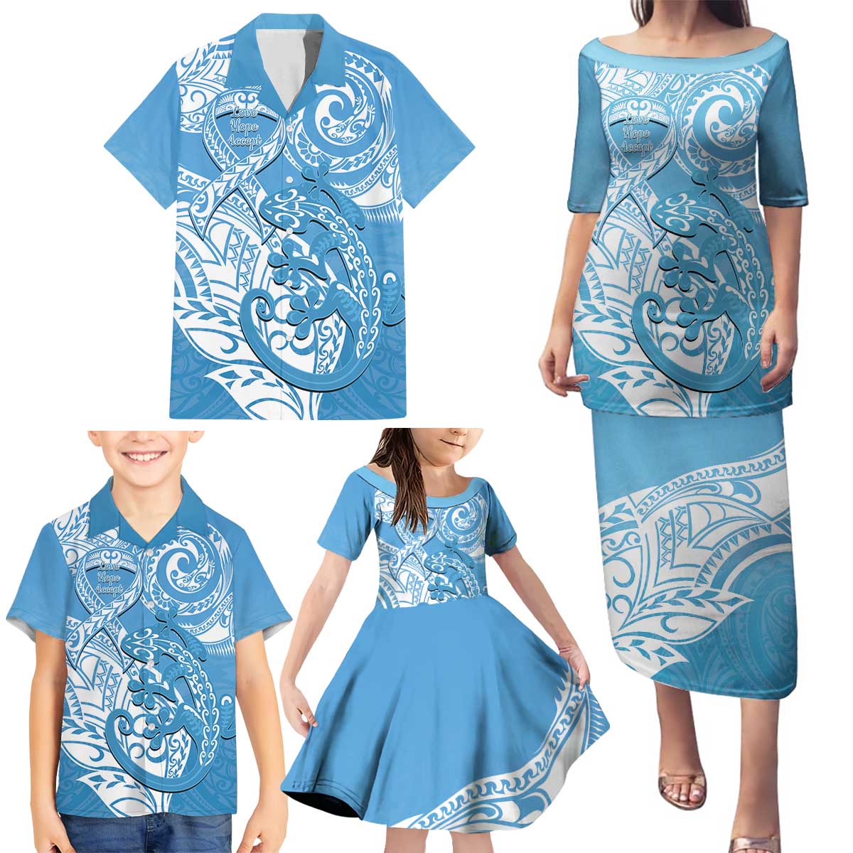 Personalised New Zealand Autism Awareness Family Matching Puletasi and Hawaiian Shirt NZ Fern With Maori Koru Lizard