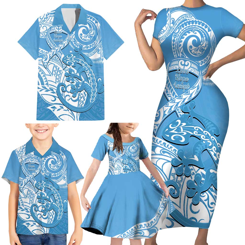 Personalised New Zealand Autism Awareness Family Matching Short Sleeve Bodycon Dress and Hawaiian Shirt NZ Fern With Maori Koru Lizard