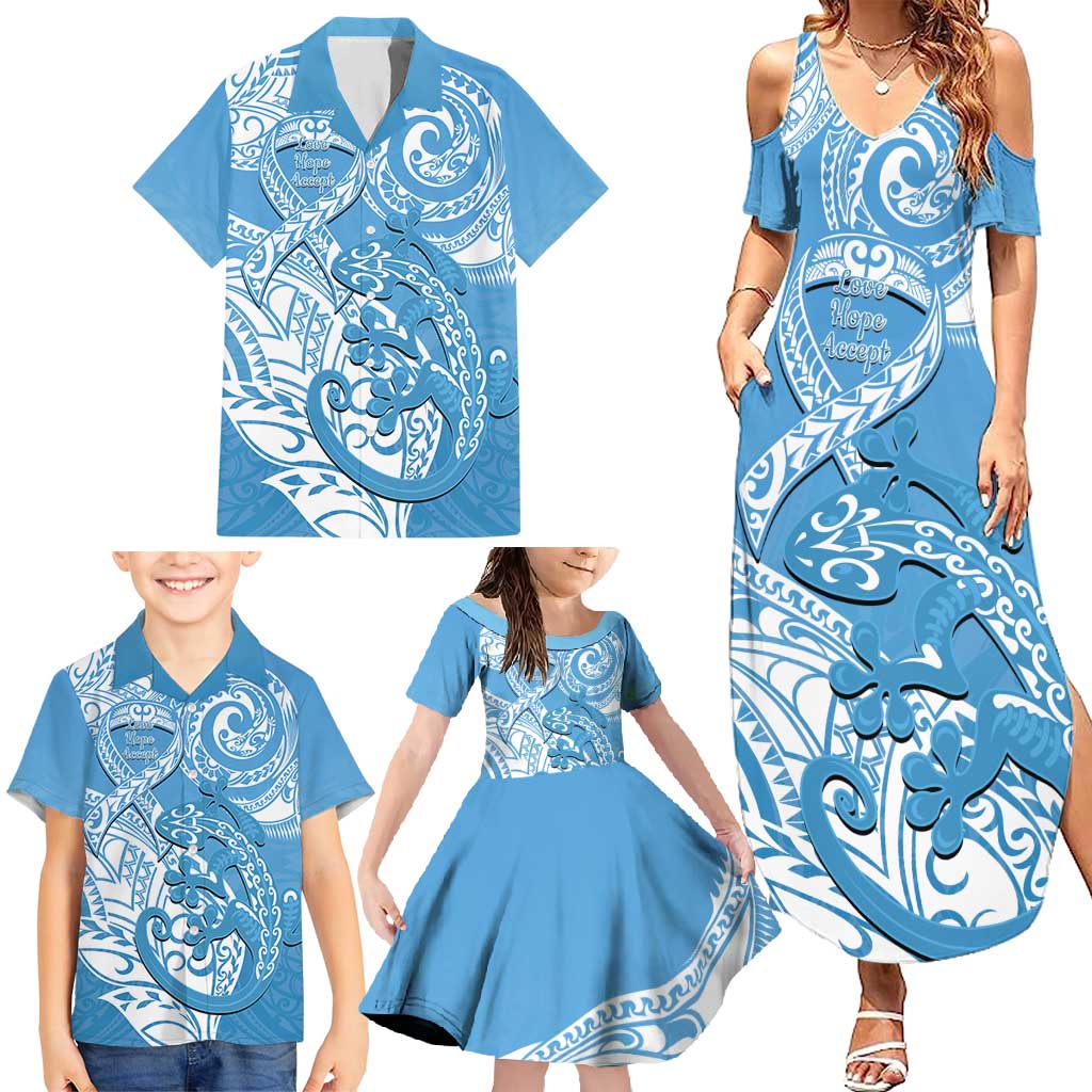 Personalised New Zealand Autism Awareness Family Matching Summer Maxi Dress and Hawaiian Shirt NZ Fern With Maori Koru Lizard