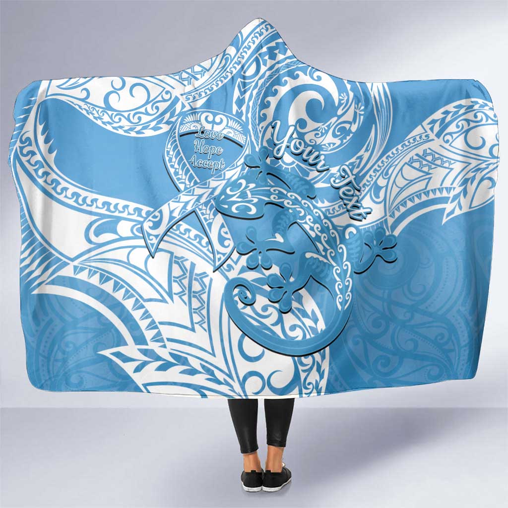 Personalised New Zealand Autism Awareness Hooded Blanket NZ Fern With Maori Koru Lizard LT14 One Size Blue - Polynesian Pride