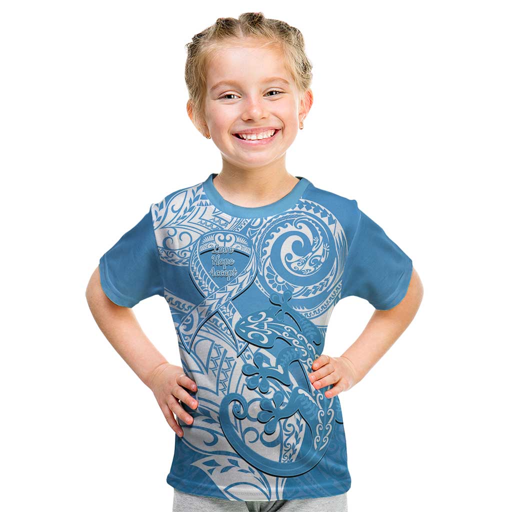 Personalised New Zealand Autism Awareness Kid T Shirt NZ Fern With Maori Koru Lizard