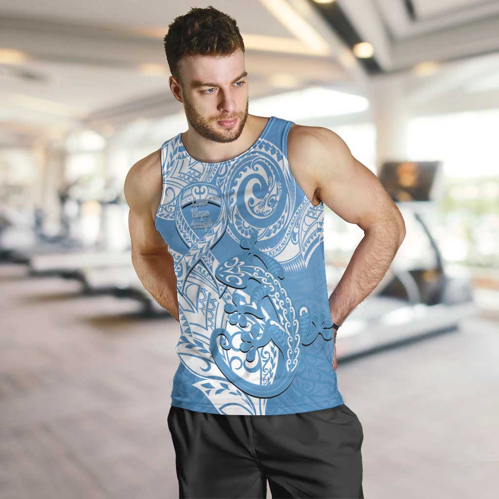 Personalised New Zealand Autism Awareness Men Tank Top NZ Fern With Maori Koru Lizard LT14 Blue - Polynesian Pride
