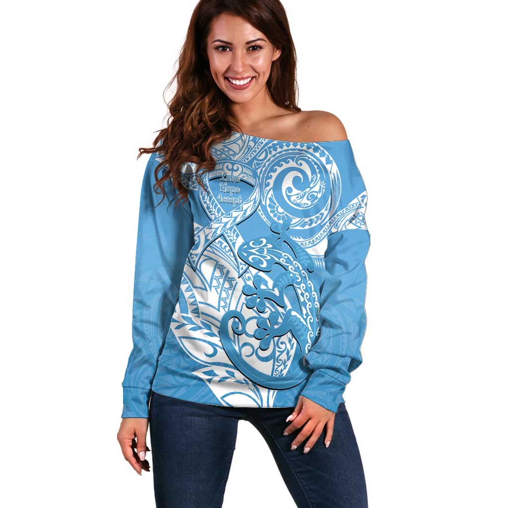 Personalised New Zealand Autism Awareness Off Shoulder Sweater NZ Fern With Maori Koru Lizard