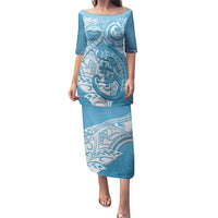 Personalised New Zealand Autism Awareness Puletasi NZ Fern With Maori Koru Lizard LT14 Long Dress Blue - Polynesian Pride