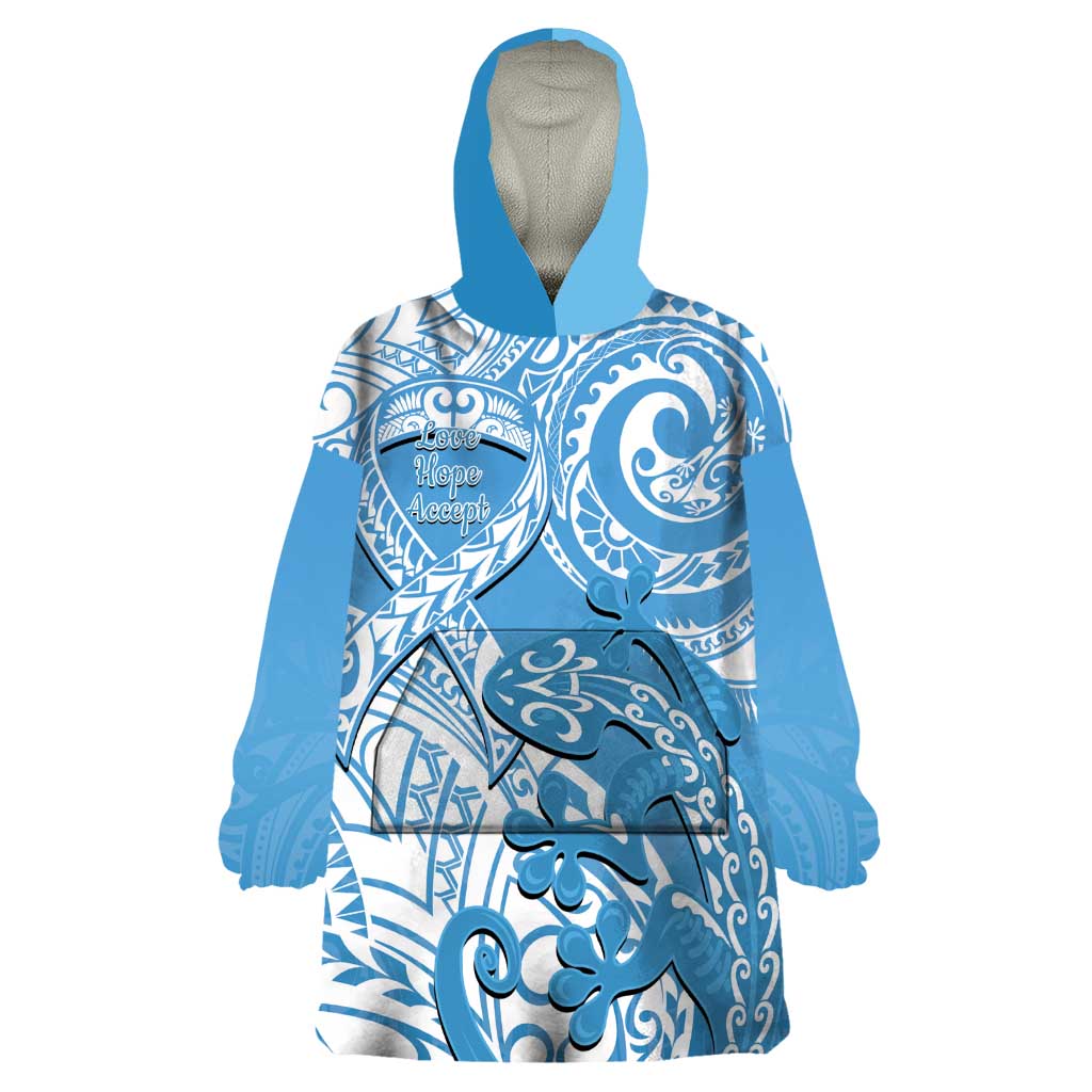 Personalised New Zealand Autism Awareness Wearable Blanket Hoodie NZ Fern With Maori Koru Lizard LT14 One Size Blue - Polynesian Pride