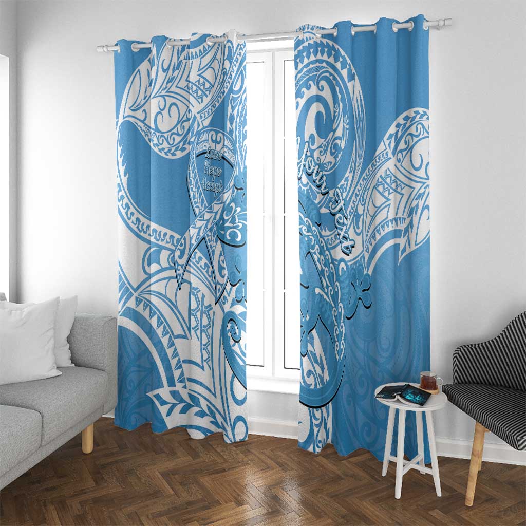 Personalised New Zealand Autism Awareness Window Curtain NZ Fern With Maori Koru Lizard LT14 With Grommets Blue - Polynesian Pride