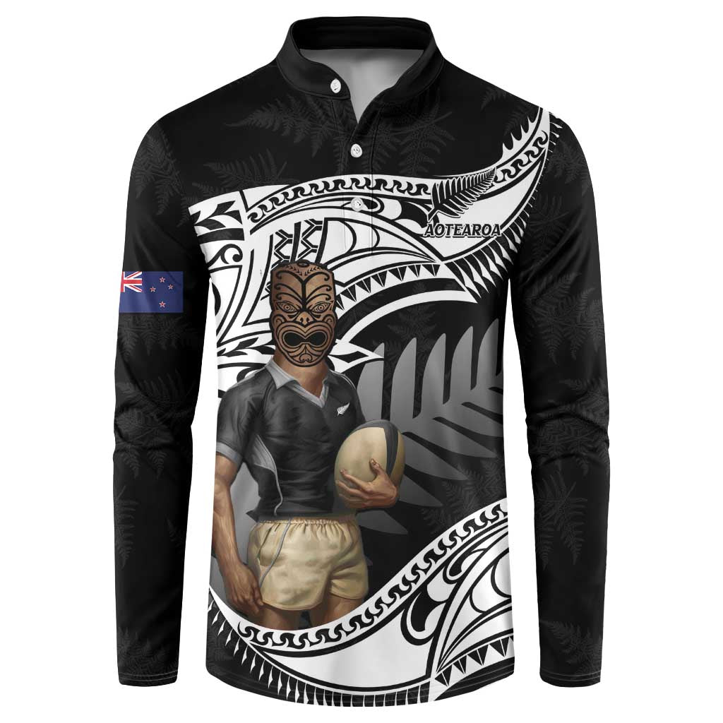 Custom New Zealand Silver Fern Rugby Button Sweatshirt 2024 Aotearoa Maori Mascot Go All Black LT14 Black - Polynesian Pride