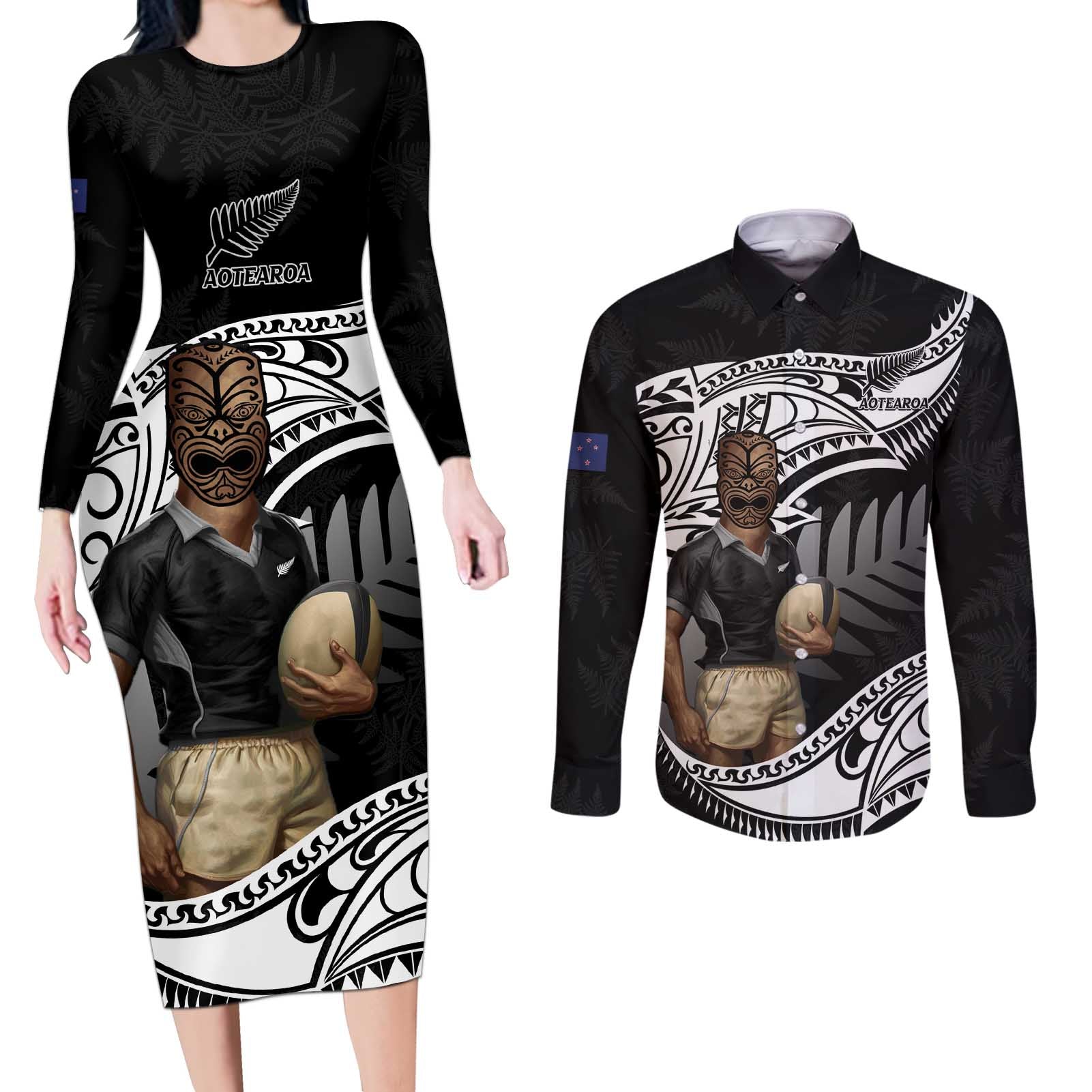 Custom New Zealand Silver Fern Rugby Couples Matching Long Sleeve Bodycon Dress and Long Sleeve Button Shirt 2024 Aotearoa Maori Mascot Go All Black