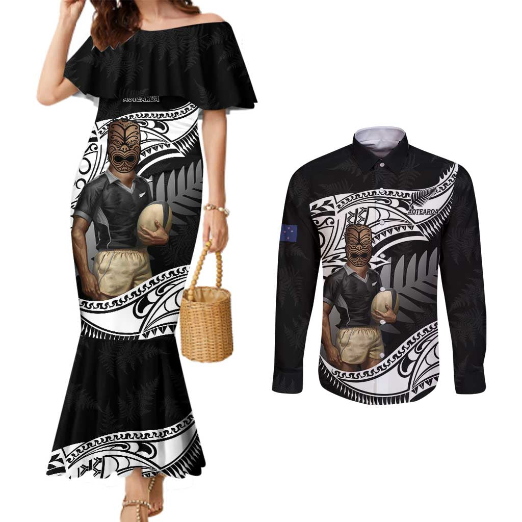 Custom New Zealand Silver Fern Rugby Couples Matching Mermaid Dress and Long Sleeve Button Shirt 2024 Aotearoa Maori Mascot Go All Black LT14 Black - Polynesian Pride