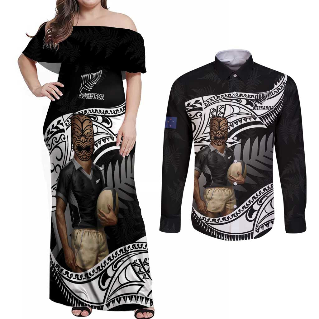 Custom New Zealand Silver Fern Rugby Couples Matching Off Shoulder Maxi Dress and Long Sleeve Button Shirt 2024 Aotearoa Maori Mascot Go All Black LT14 Black - Polynesian Pride