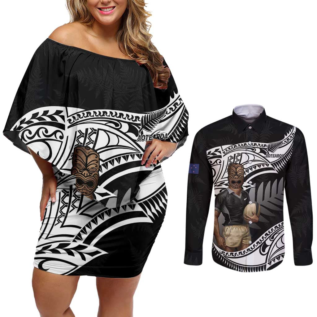 Custom New Zealand Silver Fern Rugby Couples Matching Off Shoulder Short Dress and Long Sleeve Button Shirt 2024 Aotearoa Maori Mascot Go All Black LT14 Black - Polynesian Pride