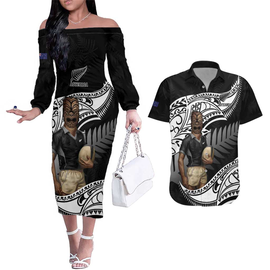 Custom New Zealand Silver Fern Rugby Couples Matching Off The Shoulder Long Sleeve Dress and Hawaiian Shirt 2024 Aotearoa Maori Mascot Go All Black LT14 Black - Polynesian Pride