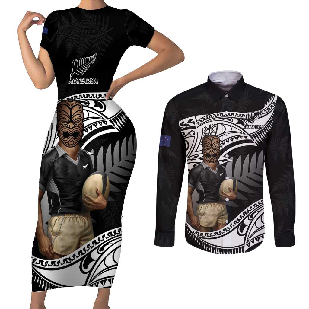 Custom New Zealand Silver Fern Rugby Couples Matching Short Sleeve Bodycon Dress and Long Sleeve Button Shirt 2024 Aotearoa Maori Mascot Go All Black