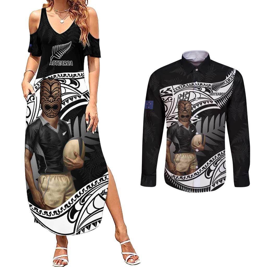 Custom New Zealand Silver Fern Rugby Couples Matching Summer Maxi Dress and Long Sleeve Button Shirt 2024 Aotearoa Maori Mascot Go All Black