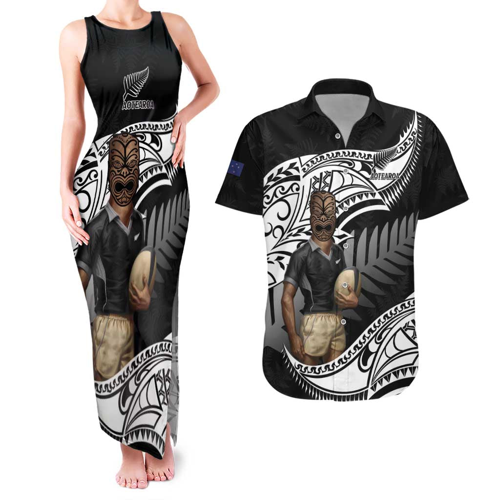 Custom New Zealand Silver Fern Rugby Couples Matching Tank Maxi Dress and Hawaiian Shirt 2024 Aotearoa Maori Mascot Go All Black LT14 Black - Polynesian Pride