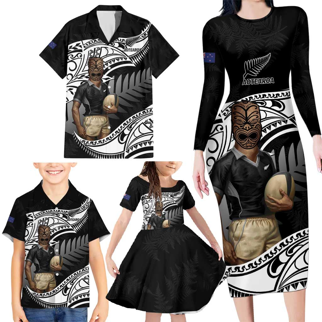 Custom New Zealand Silver Fern Rugby Family Matching Long Sleeve Bodycon Dress and Hawaiian Shirt 2024 Aotearoa Maori Mascot Go All Black LT14 - Polynesian Pride