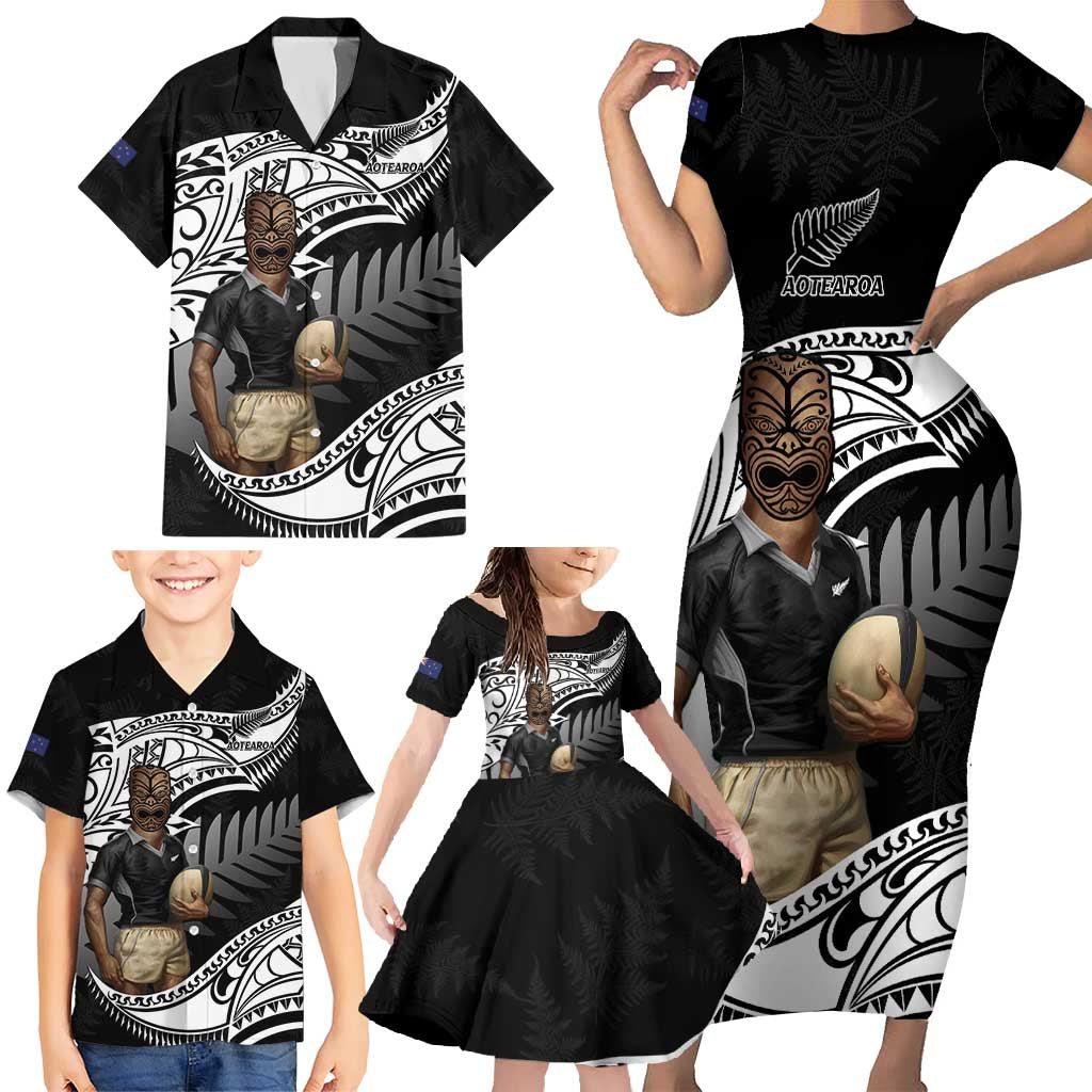 Custom New Zealand Silver Fern Rugby Family Matching Short Sleeve Bodycon Dress and Hawaiian Shirt 2024 Aotearoa Maori Mascot Go All Black