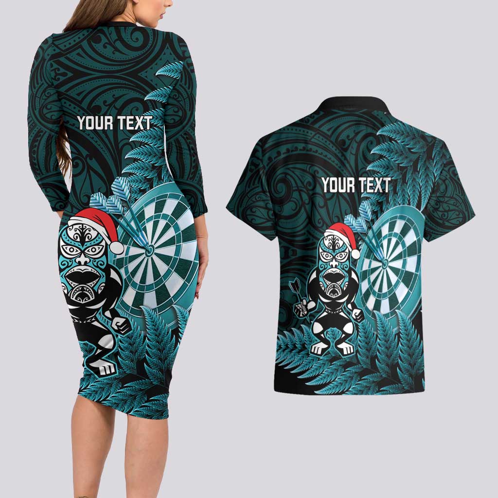 Personalised New Zealand Darts Christmas Couples Matching Long Sleeve Bodycon Dress and Hawaiian Shirt Maori Fern Merry Dartsmas - Polynesian Pride