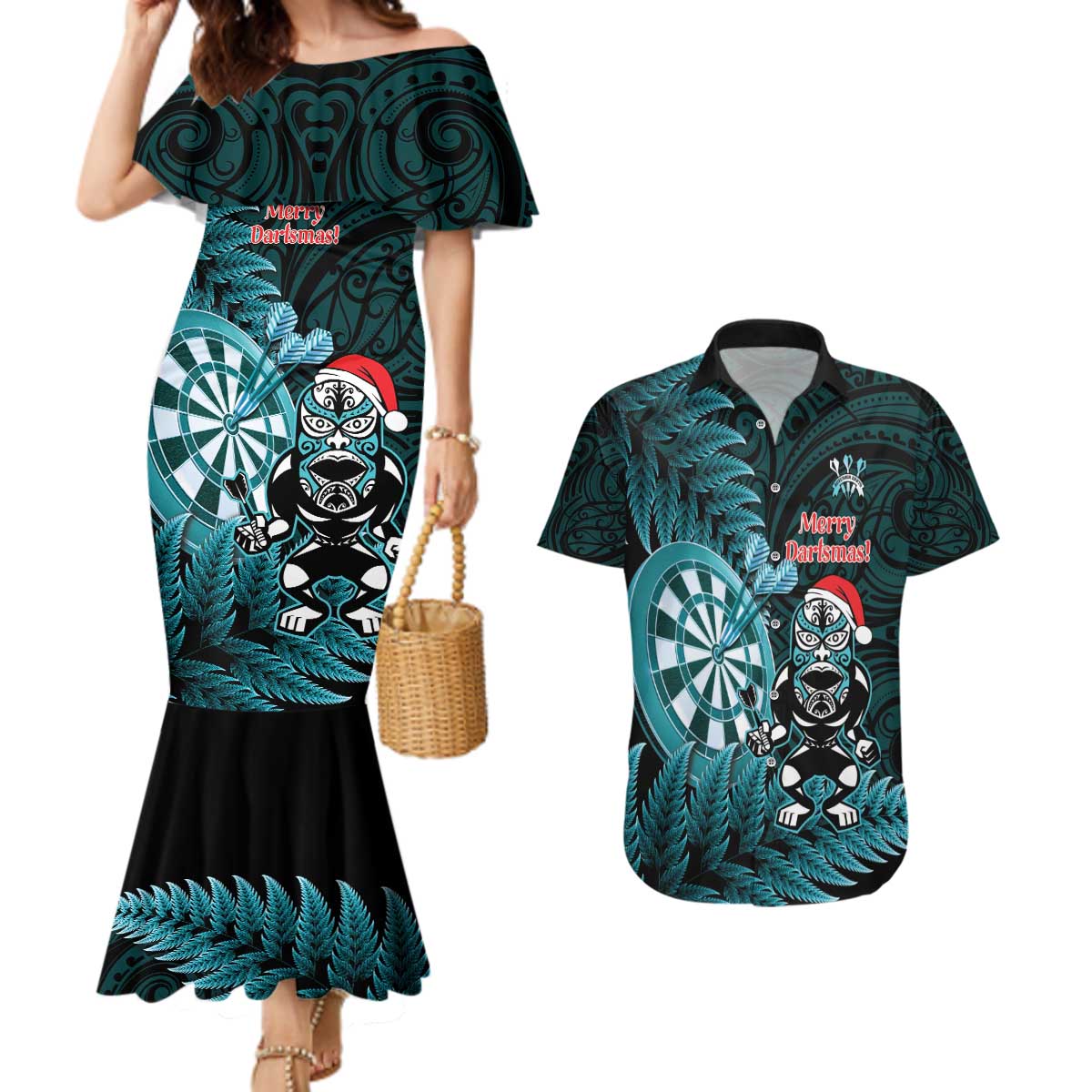 Personalised New Zealand Darts Christmas Couples Matching Mermaid Dress and Hawaiian Shirt Maori Fern Merry Dartsmas - Polynesian Pride