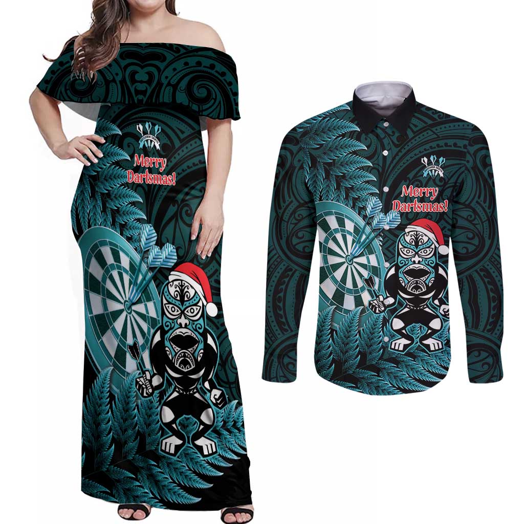 Personalised New Zealand Darts Christmas Couples Matching Off Shoulder Maxi Dress and Long Sleeve Button Shirt Maori Fern Merry Dartsmas - Polynesian Pride