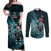 Personalised New Zealand Darts Christmas Couples Matching Off Shoulder Maxi Dress and Long Sleeve Button Shirt Maori Fern Merry Dartsmas - Polynesian Pride