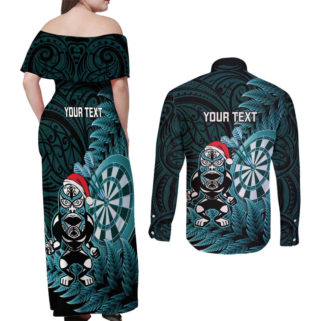 Personalised New Zealand Darts Christmas Couples Matching Off Shoulder Maxi Dress and Long Sleeve Button Shirt Maori Fern Merry Dartsmas - Polynesian Pride