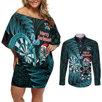 Personalised New Zealand Darts Christmas Couples Matching Off Shoulder Short Dress and Long Sleeve Button Shirt Maori Fern Merry Dartsmas - Polynesian Pride